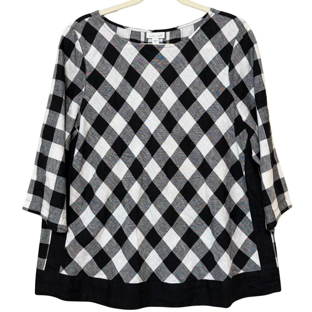 J. Jill Love Linen Buffalo Plaid Tunic Size L Black White 3/4 Sleeve Boxy Top